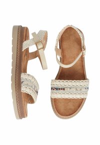 Sandali beige chiaro con design a strisce intrecciate, soletta in tessuto testurizzato e un accento colorato di perline sulla parte superiore. Sole comodo e spesso.
