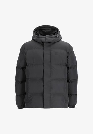 Chaqueta de plumas de color negro sólido, con un collar alto, capucha, textura acolchada, puños elásticos y dos bolsillos laterales. Diseño sencillo.