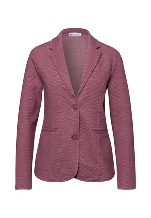 Blazer texturé mauve pour femme avec revers à encoches, deux boutons et poches passepoilées à l'avant, coupe cintrée.