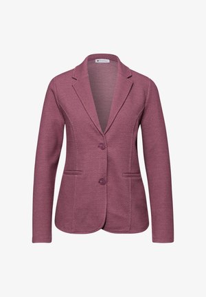 Blazer da donna in malva testurizzato con rever a incavo, due bottoni e tasche a filetto frontali, taglio aderente.