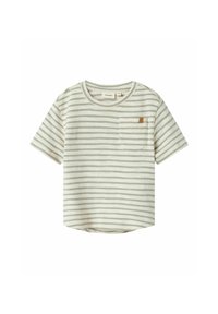 Short-sleeve T-shirt in light gray with white stripes. Features a chest pocket with a small tan label. Soft, casual cotton material.