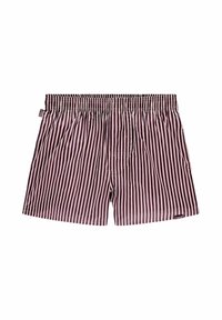 Boxer a righe in marrone scuro e rosa chiaro, cintura elastica, vestibilità ampia, con due tasche laterali e un piccolo etichetta sul lato sinistro.
