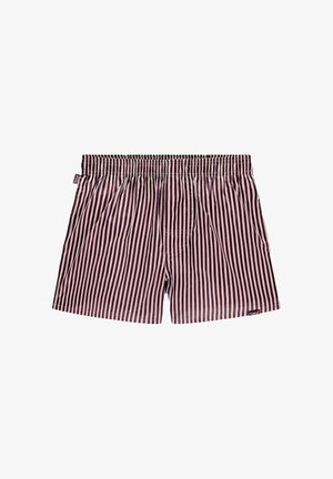 Boxer a righe in marrone scuro e rosa chiaro, cintura elastica, vestibilità ampia, con due tasche laterali e un piccolo etichetta sul lato sinistro.