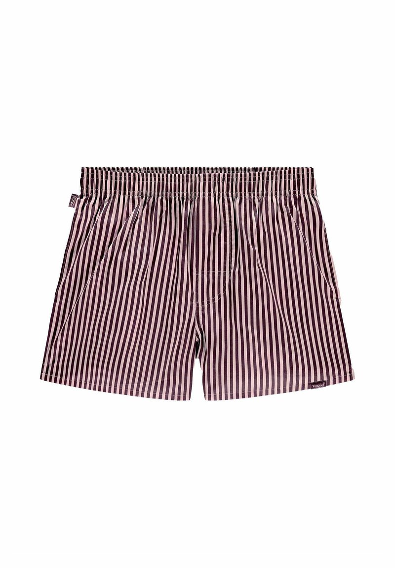 Boxer a righe in marrone scuro e rosa chiaro, cintura elastica, vestibilità ampia, con due tasche laterali e un piccolo etichetta sul lato sinistro.