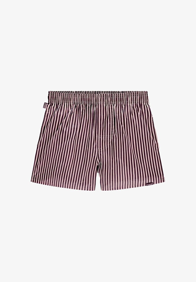 Boxers rayés en marron foncé et rose clair, taille élastique, coupe loose, avec deux poches latérales et une petite étiquette sur le côté gauche.