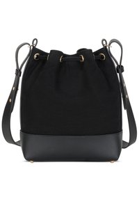 Sac seau noir avec bandoulière réglable, œillets dorés, fermeture par cordon et base en cuir avec pieds en métal.