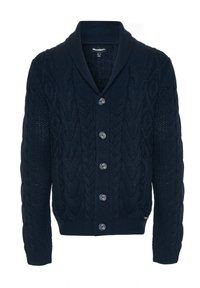 Cárdigan de punto azul marino con cuello de chal, que presenta un patrón de punto de cable, cinco botones y puños y dobladillo acanalados.