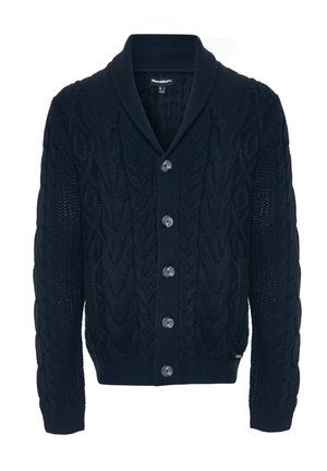 Navyblauwe gebreide cardigan met een sjalkraag, voorzien van een kabelbreipatroon, vijf knopen en geribbelde manchetten en onderzoom.