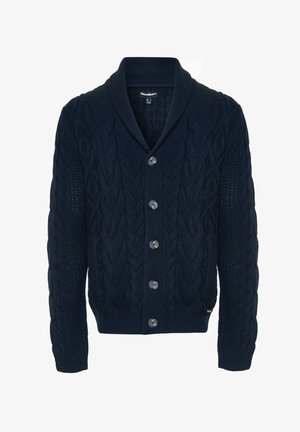 Cárdigan de punto azul marino con cuello de chal, que presenta un patrón de punto de cable, cinco botones y puños y dobladillo acanalados.