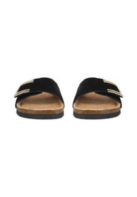Black suede slide sandals featuring a wide strap with a gold-tone buckle, cork footbed, and textured rubber sole.
