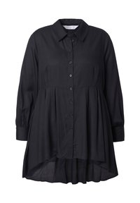 Schwarze Bluse mit klassischem Kragen, langen Ärmeln, geraffter Taille und abgerundetem Saum. Glatte Textur und schlichtes Design.