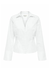 Chemise blanche à manches longues en mélange de coton, avec une fermeture éclair, un col pointu et une coupe ajustée avec une légère flamme à l'ourlet.