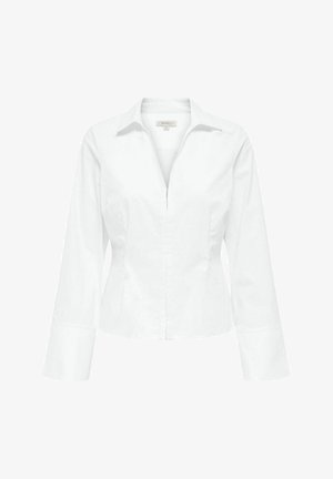 White long-sleeve shirt made of cotton blend, featuring a zip closure, pointed collar, and tailored fit with slight flare at the hem.
