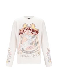 Witte sweatshirt met lange mouwen, voorzien van een voorkantgrafiek van twee paarden, vlammen en de tekst "Ed Hardy" met kleurrijke details op de mouwen.