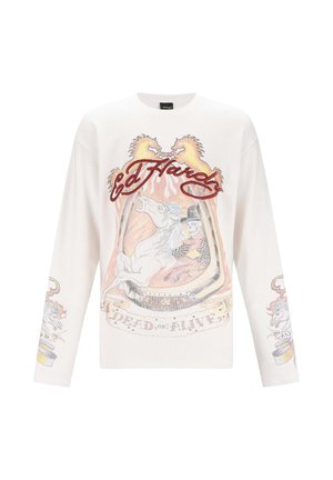 White long-sleeve sweatshirt featuring a front graphic of two horses, flames, and the text "Ed Hardy" with colorful detailing on sleeves.