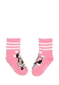 Różowe skarpetki dla małych dzieci z białymi paskami i twarzami Minnie Mouse z kokardkami w grochy na każdej skarpetce.