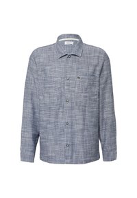 Blauwe en witte geblokte button-up shirt, lange mouwen, twee voorzakken, kraag en een klein logo op de linkerkant van de borstzak.