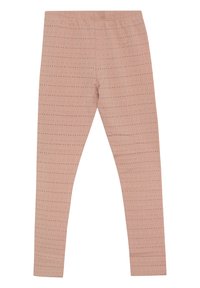 Lys rosa leggings laget av elastisk stoff, med et subtilt mønster av horisontale linjer og små prikker over hele.