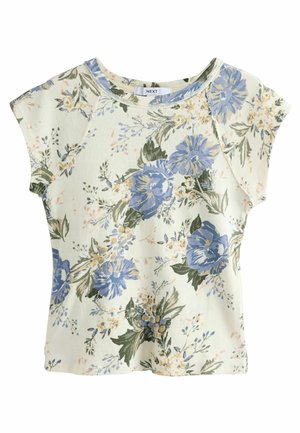 Haut à manches courtes à motifs floraux avec un fond crème et des fleurs bleues et vertes. Tissu doux avec une coupe décontractée et un col rond.