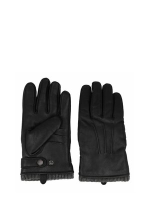 Paar schwarze Lederhandschuhe mit Knopfverschluss und grauen gestrickten Bündchen, Handflächen- und Rückseite auf weißem Hintergrund gezeigt.