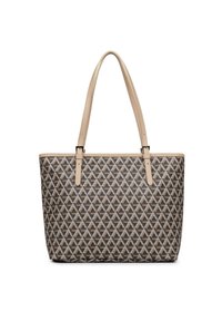 Sac fourre-tout avec une bordure en cuir beige et des poignées crème ; présente un corps en toile à motif géométrique brun avec un motif en diamants.