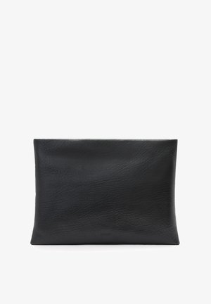 Black leather pouch with a smooth texture and minimalist design. Rectangular shape with soft edges and no visible hardware.