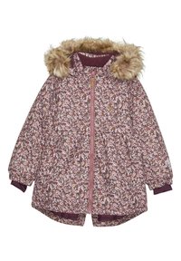 Gepolsterte Blütenjacke mit einer Kapuze aus Kunstfell. Schattierungen von Burgunderrot und Pink, mit elastischen Bündchen und einem frontalen Reißverschluss. Dekorativer Blumenprint.