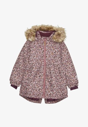 Gevoerde bloemenjas met een faux fur capuchon. Tint van bordeauxrood en roze, met elastische manchetten en een voorkant rits. Decoratieve bloemenprint.