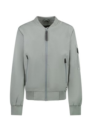 Lichtgrijze bomberjack gemaakt van gladde stof, met een frontzipper, twee zijzakken met rits en ribgebreide manchetten en onderrand.