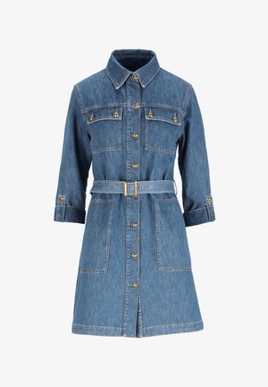 Denim dress with a collared neckline, long sleeves, and button front. Features two chest pockets, a belted waist, and a knee-length hem.