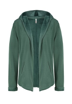 Grüne Kapuzenjacke mit weichem Fleecefutter, langen Ärmeln, zwei vorderen Schlitz-Taschen und umgeschlagenen Fleecefutter-Bündchen.