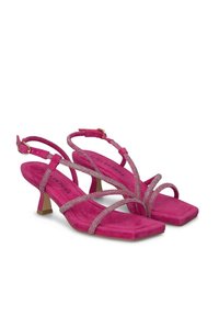 Roze suède sandalen met een vierkante neus, voorzien van kruislingse banden versierd met rhinestones en een kleine hak.