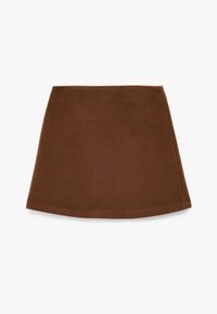Brun, A-line nederdel lavet af blødt stof, med et strømlinet design, glat tekstur og en let buet kant.