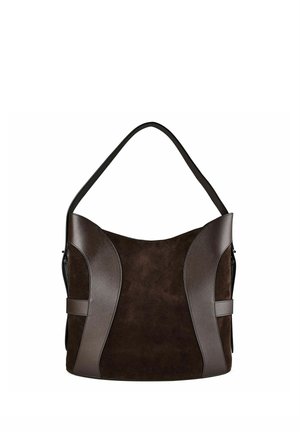 Dunkelbraune Wildleder- und Leder-Schultertasche mit geschwungenen Lederpaneelen und einem einzelnen Tragegurt.