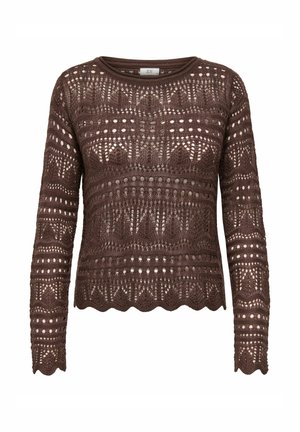 Brązowy dziergany sweter z ażurowym wzorem, długimi rękawami, okrągłym dekoltem i falbankowym wykończeniem na dole. Wykonany z miękkiego, fakturowanego materiału.