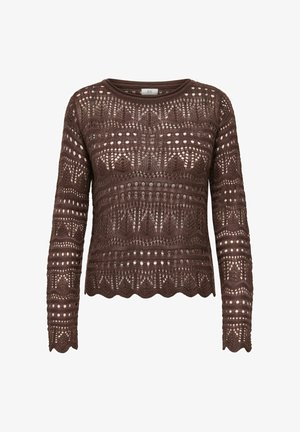 Brun strikket sweater med blondermønster, lange ærmer, rund halsudskæring og bølget kant. Lavet af blødt, tekstureret materiale.