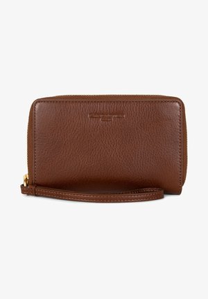Brown leather wallet with a textured finish, zip closure, wrist strap, and embossed branding on the front. Compact rectangular design.