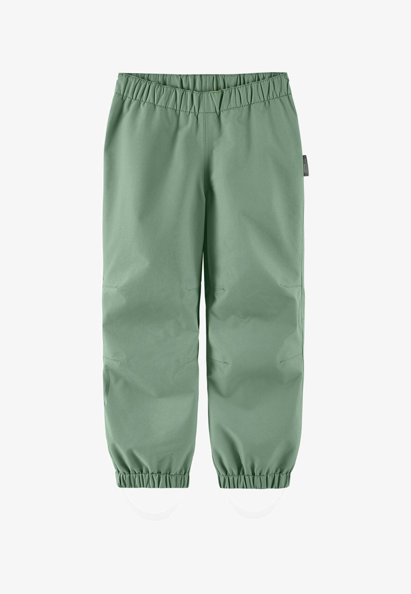 Pantalon imperméable vert clair pour enfants avec taille et poignets élastiques, équipé de sangles réglables pour les pieds afin d'assurer un maintien sûr.