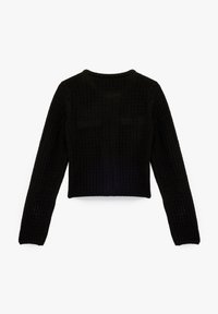 Schwarzer, gerippter Strickpullover mit langen Ärmeln und cropped Design. Verfügt über einen runden Ausschnitt und strukturierten Stoff.