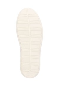 Weißer Gummischuhsohlen mit einem strukturierten Muster und ausgeprägten Traktionsrillen. Mit eingeprägtem Logo nahe der Ferse und einer Größenangabe.