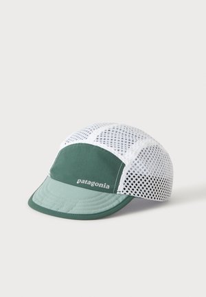 Casquette Patagonia verte et vert clair avec des panneaux en maille blanche et une visière incurvée sur un fond uni clair.