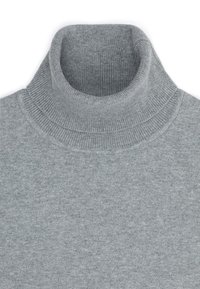Szary sweter typu golf w miękkim, teksturowanym dzianinie. Charakteryzuje się wysokim, prążkowanym kołnierzem i gładką częścią ciała. Prosty, jednolity kolor bez wzorów.
