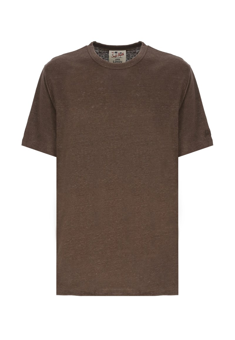 T-shirt in lino marrone con scollo rotondo e maniche corte; presenta una texture sottile e un'etichetta sul collo che indica il materiale.