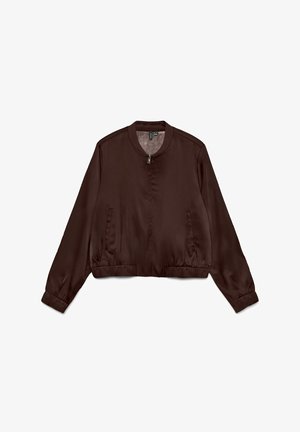 Giacca bomber in satin marrone con scollatura rotonda, zip frontale e vita elasticizzata. Presenta due tasche laterali e maniche lunghe.