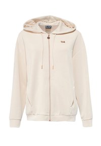 Felpa crema realizzata in tessuto morbido, con zip frontale, tasche laterali e cappuccio con cordino. Dettaglio del logo dorato sul petto.