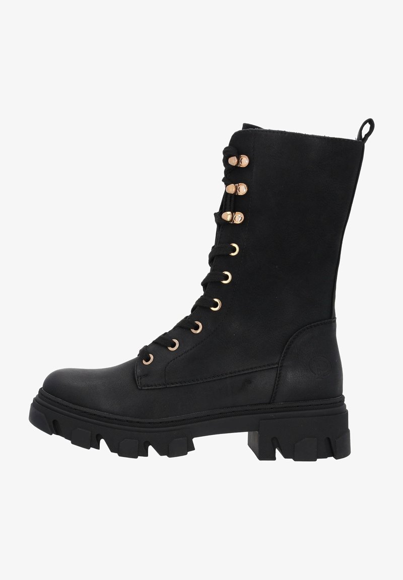 Botte de combat en cuir noir avec semelle épaisse, œillets métalliques, laçage à l'avant et languette arrière.
