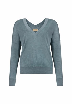 Ljusblå långärmad stickad tröja med V-hals och ribbade ärmslut och nederkant, uppställd mot en vit bakgrund.
