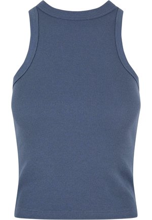Ribaga sinine tank top, millel on kõrge kaelus ja varrukateta disain. Sile tekstuur, figuuriikkuv vorm ja ühtlane värv.