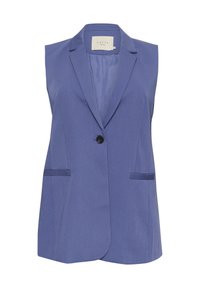 Bezrękawnik w kolorze niebieskim z pojedynczym zapięciem na guzik, klapami z wycięciem i dwiema przednimi kieszeniami. Gładka tkanina o dopasowanym kroju.