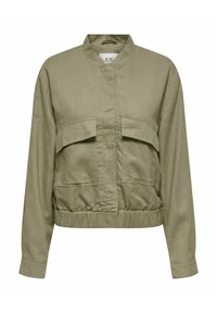 Khaki skrátená bunda vyrobená z ľahkého materiálu, s vysokým golierom, dvoma prednými vreckami so záklopkami a elastickým lemom s dlhými rukávmi.